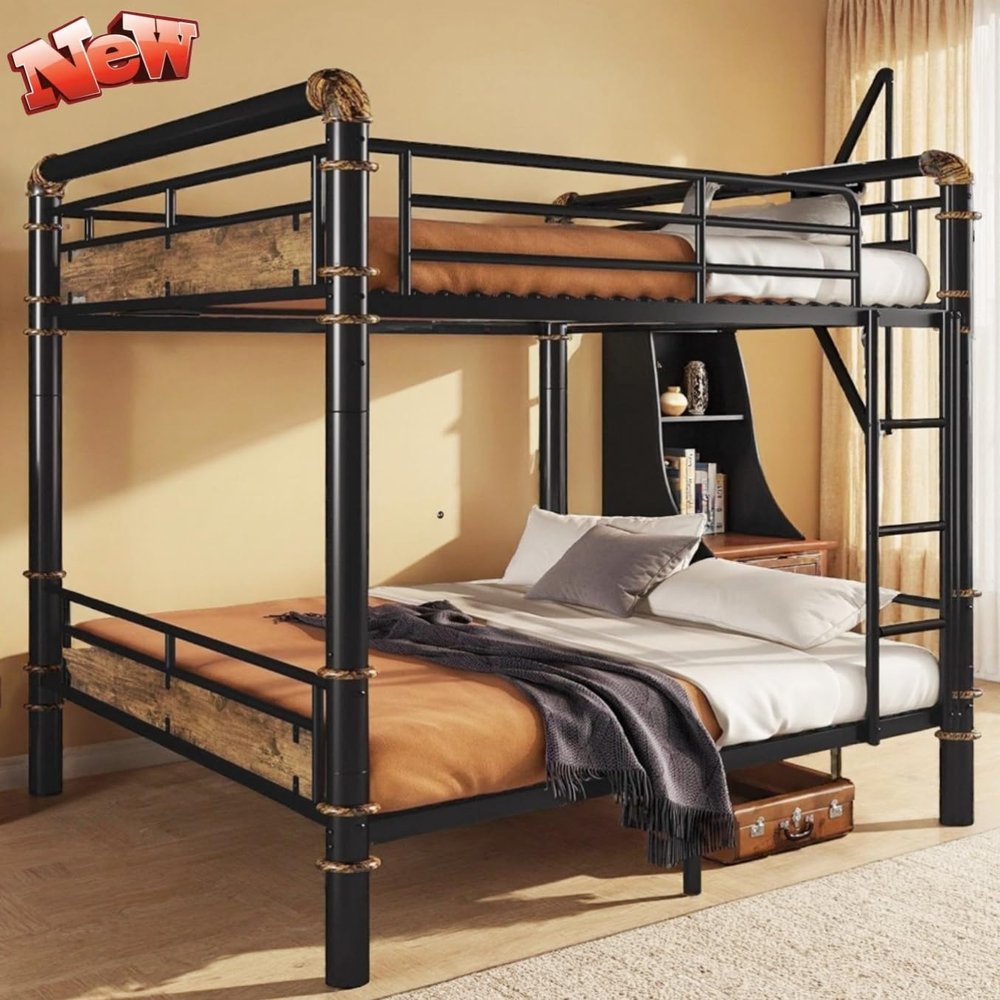 LEEKAF Stronger & Higher Quality Heavy Duty Bunk Bed Queen Over Queen Size Bunkbed, Thickened Safer More Stable Steel Metal Queen Bunk Bed (Faster Assembly) (Queen Over Queen-1)