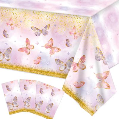 4pcs Butterfly Birthday Decorations Tablecloth, Disposable Pink and Purple Table Cloths, Butterfly Theme Party Decorations for Girls 108x54 Inches