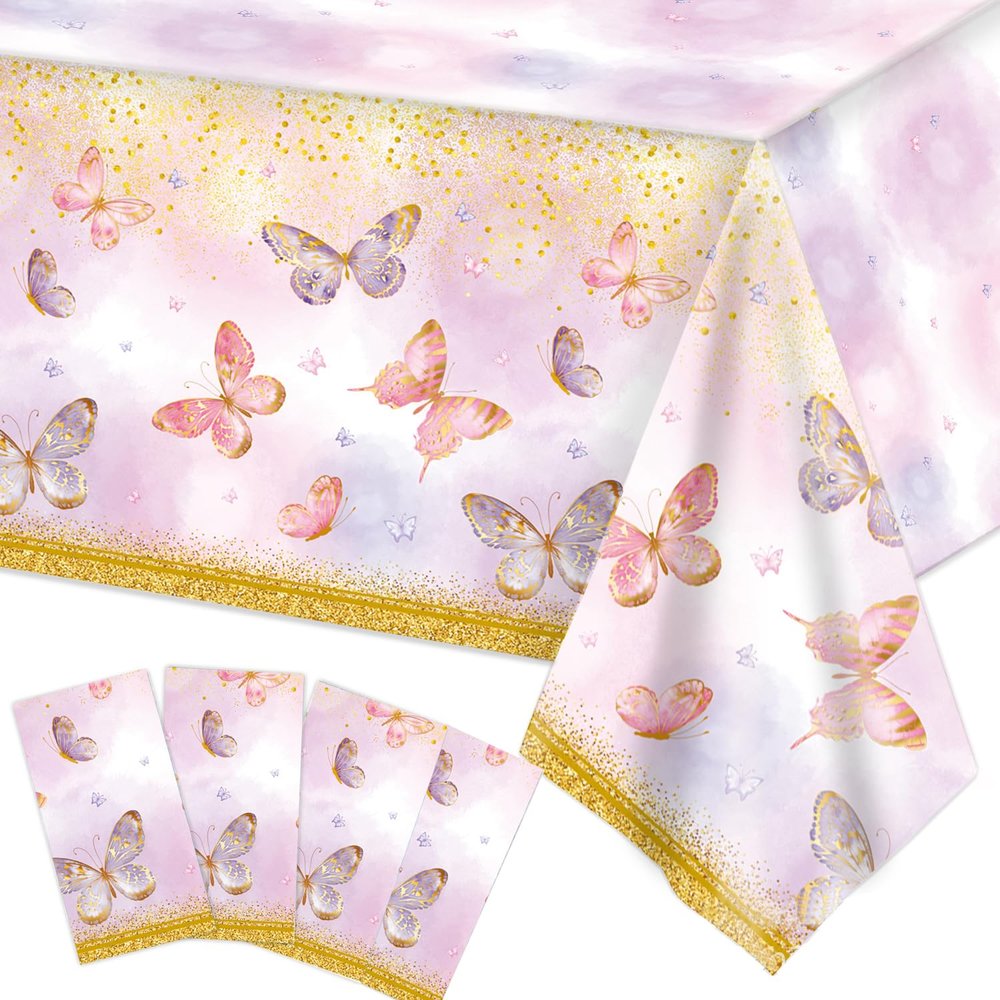 4pcs Butterfly Birthday Decorations Tablecloth, Disposable Pink and Purple Table Cloths, Butterfly Theme Party Decorations for Girls 108x54 Inches