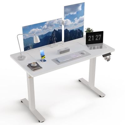 ExaDesk 48" x 24" Electric Standing Desk, Adjustable Height Sit Stand Desk with 3 Preset Heights & 2 Hook, Electric Desk for Home Office Gaming, White