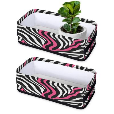 Pink White Zebra Pattern Bathroom Basket Small Storage Bin Fabric Toilet Paper Basket Foldable Organizer Animal Skin Art Baskets for Bathroom Countertop Decor, 2 Pack