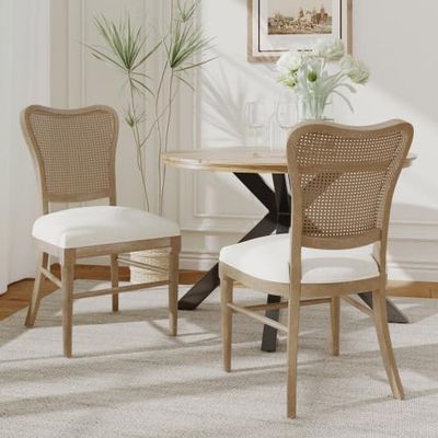 Guo Baitur French Country Dining Chairs  Vintage Style Rattan Cane Back Upholstered Seat, Set of 2 - Coastal Linen Dining Chairs