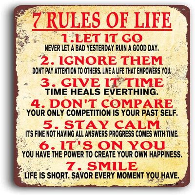 12"x16" Aluminum Sign, 7 Rules of Life Sign, Inspiring Positive Quotes Room Decor for Living Room Bedroom Classroom