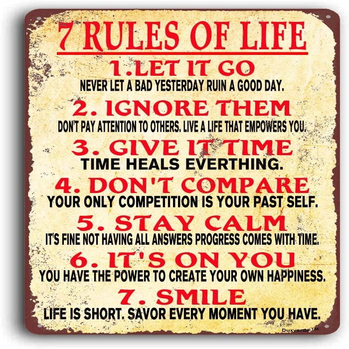 12"x16" Aluminum Sign, 7 Rules of Life Sign, Inspiring Positive Quotes Room Decor for Living Room Bedroom Classroom