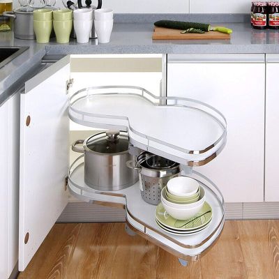 YHKJLYH Generic Corner Pull Out Shelf Carousel Storage Rack for Cabinets - White Flying Saucer Basket - Right Open - 2 Tier Kitchen Cupboard Organizer