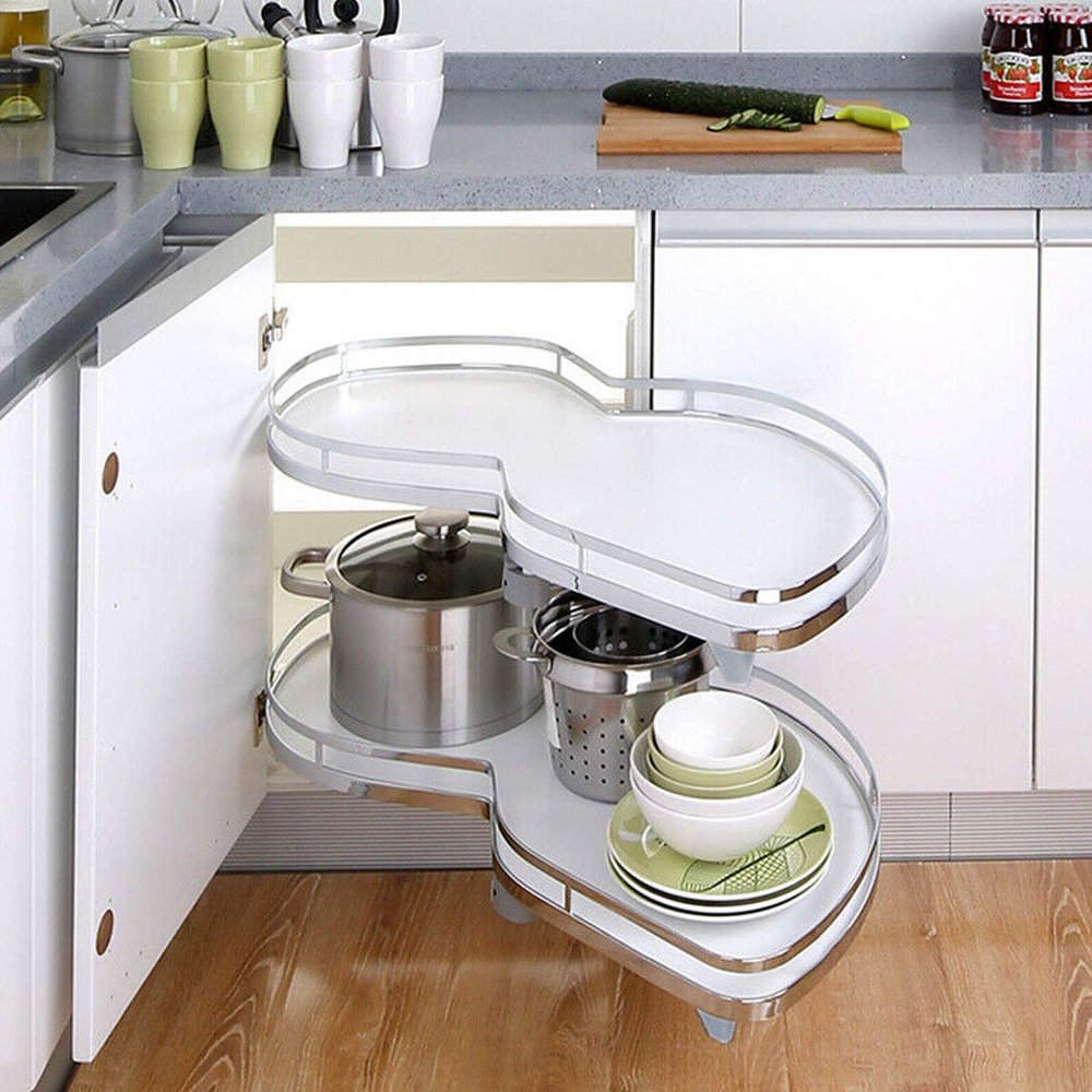 YHKJLYH Generic Corner Pull Out Shelf Carousel Storage Rack for Cabinets - White Flying Saucer Basket - Right Open - 2 Tier Kitchen Cupboard Organizer