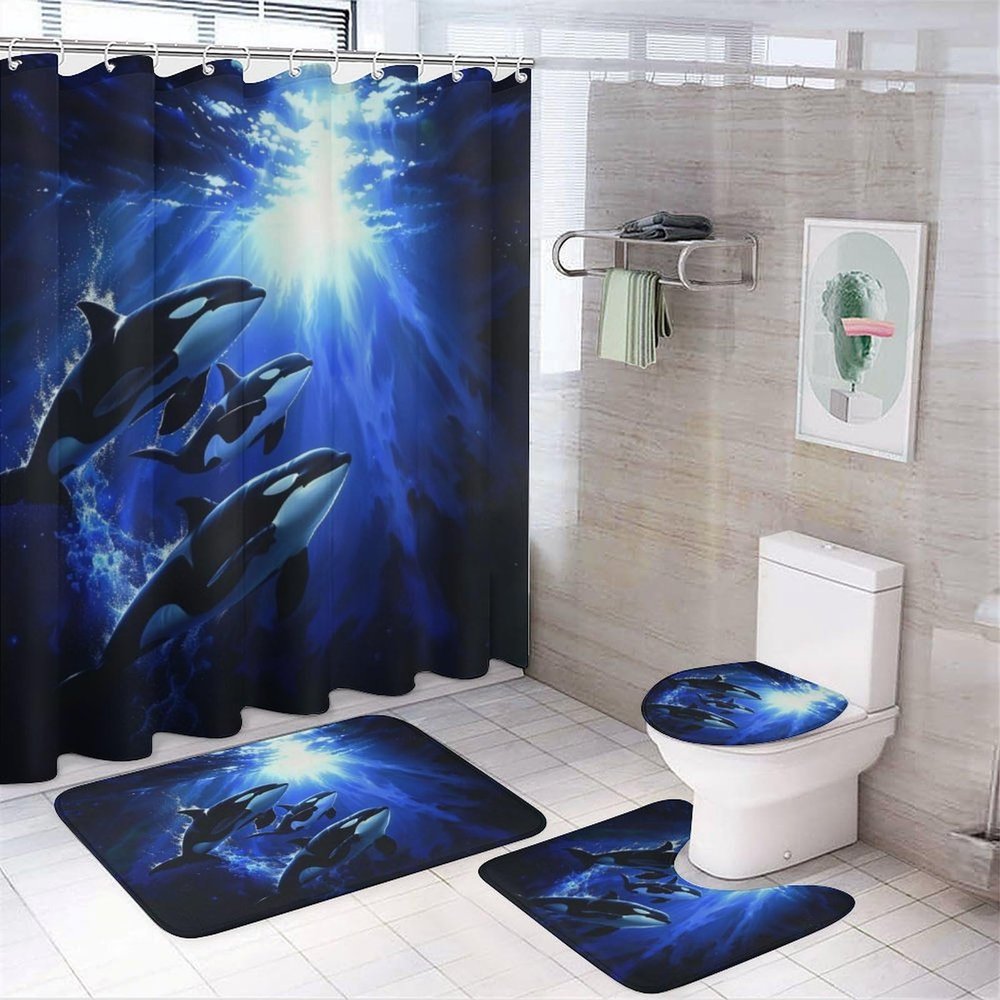 TOWINSFB 4Pcs Underwater World Orca Shower Curtain, Cute Whale Ocean Animal Shower Curtain Sets with Toilet Lid Cover, U-Shaped Mat and Non-Slip Rugs, Bathroom Decor Set, 72" x 72"