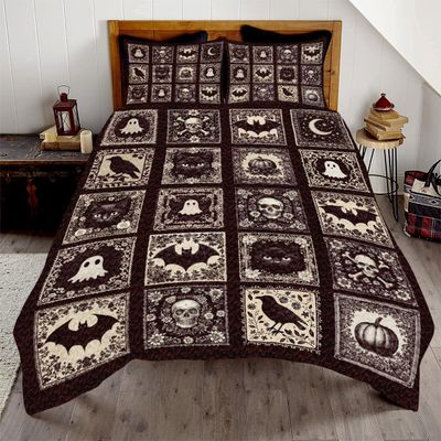 Jeminise Witch Throw Pattern Quilt Set - Queen, Twin, Full Sizes, Vintage Quilts, Soft Lightweight Fall Bedspread - Gothic Style - Autumn Bedroom Decor