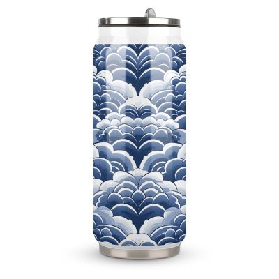 HMNBCD Stainless Steel Cups Blue And White Printed Coke Cup Stainless Steel Insulated Cups with Lid And Straw