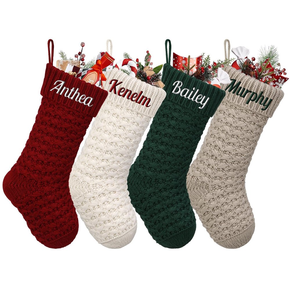 SearchI Personalized Christmas Stocking, 18 Inches Large Custom Family Christmas Stocking with Names Customized Knit Embroidered Xmas Stockings Initial Knitted Fireplace Hanging Stockings (5 Pcs)