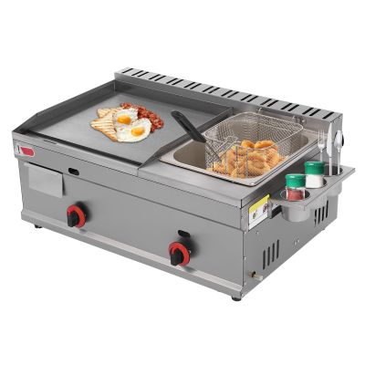 Commercial Flat Top Grill and 6L Deep Fryer Combo, Gas Nonstick Griddle, Countertop Stainless Steel Griddle and Deep Fryer with Basket for French Fry Restaurants Fast Food Stands