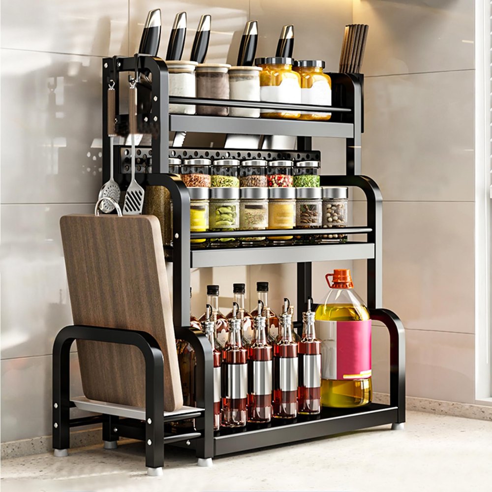 SUZEPER Stainless Steel Kitchen Organizer Rack, 2/3 Tier Large Multi-Function Dish Racks, Washable Kitchen Counter Seasoning Knife Holder(3-Layers 15in, Black)