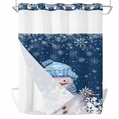 EwdeWwo Christmas No Hook Shower Curtain with Snap in Liner, Blue Snowman Snowflake Shower Curtain for Bathroom Waterproof Winter Xmas Bath Curtain with See Through Mesh Top Window, 36" x 72"