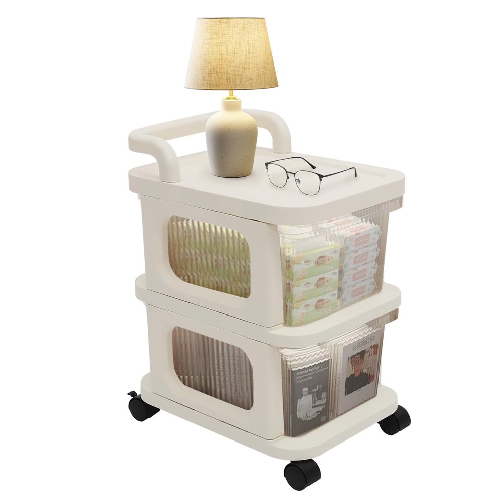 3 Tier Storage Cart, Plastic Storage Drawer Cart Medium Home Rolling Storage Organizer with Clear Drawers and Removeable Casters, White Frame, Set of 1
