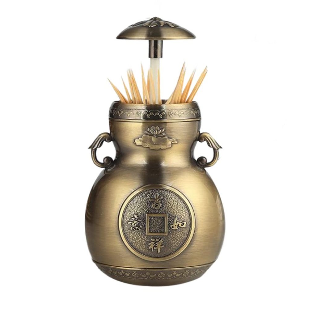 SABALON Toothpick Box Toothpick Holder Toothpick Box Creative Automatic Press Metal Toothpick Holder Chinese Style Retro Minimalist Living Room Household Toothpick Jar Toothpick Dispenser(A)