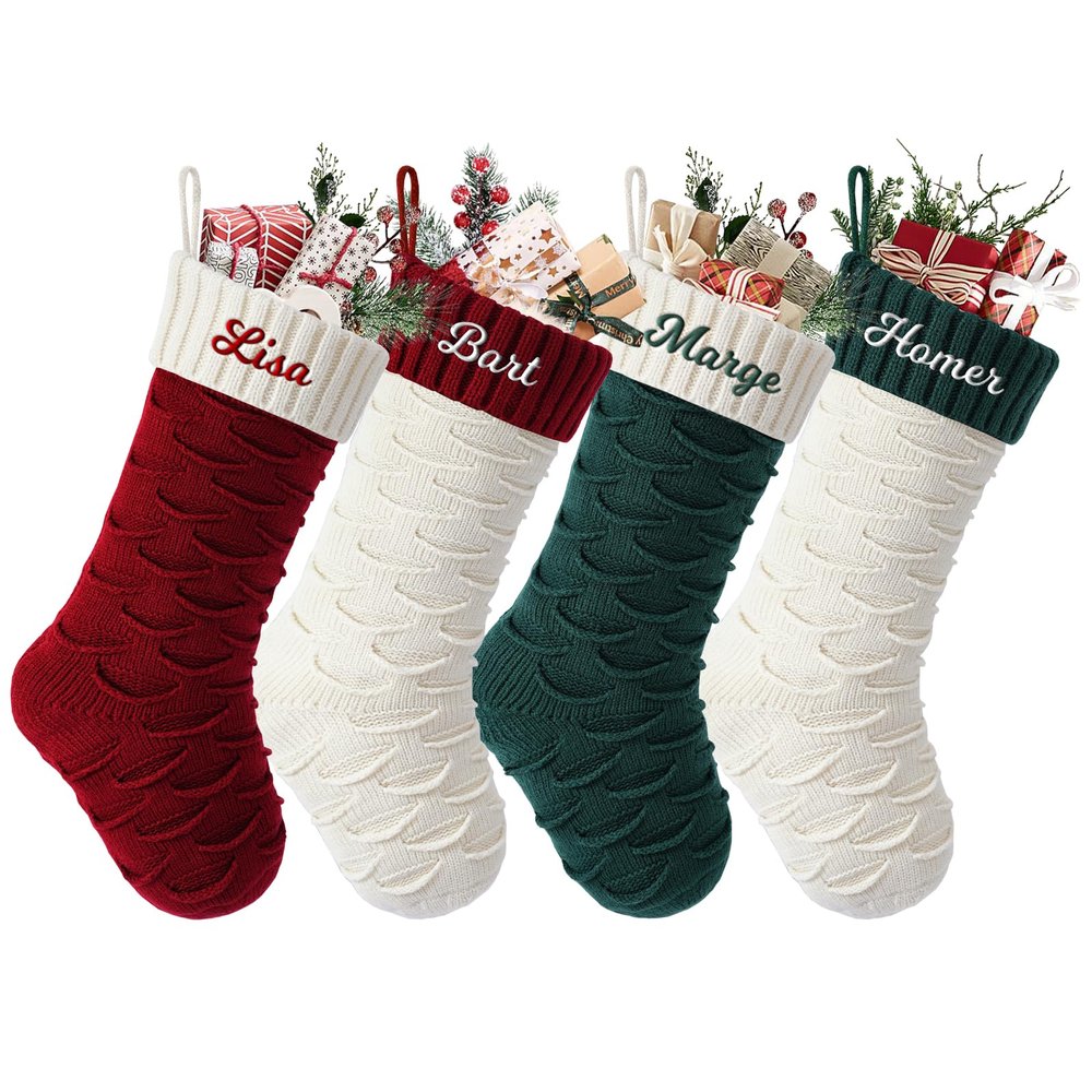 SearchI Personalized Christmas Stocking, 18 Inches Large Custom Family Christmas Stocking with Names Customized Knit Embroidered Xmas Stockings Initial Knitted Fireplace Hanging Stockings (2 Pcs)