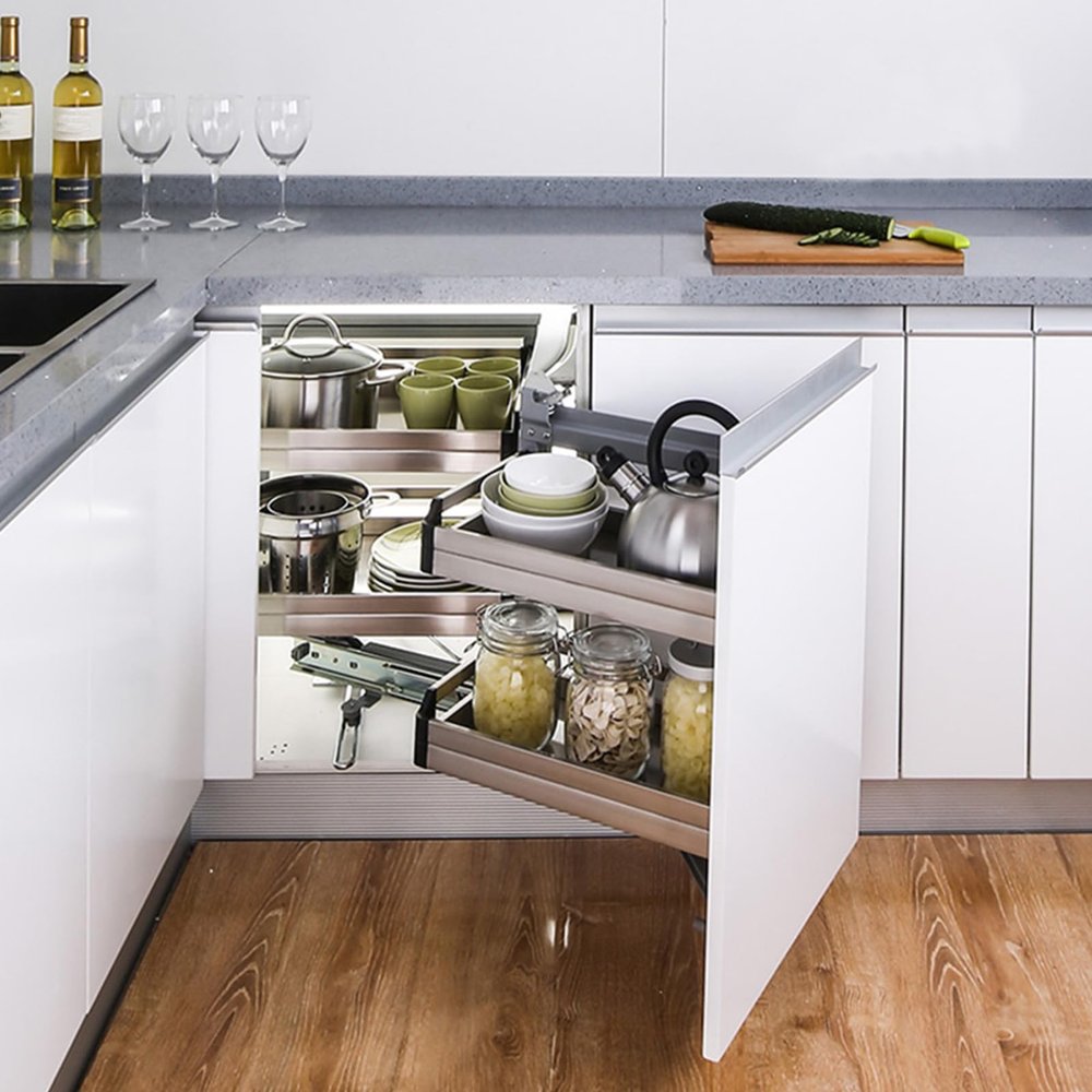 2 Tier Blind Corner Cabinet Pull Out Organizer, Rotating Slide Out Kitchen Cabinet Organizer, Stainless Steel High-Capacity Hidden Corner Storage Shelf, Pull Out to The Right