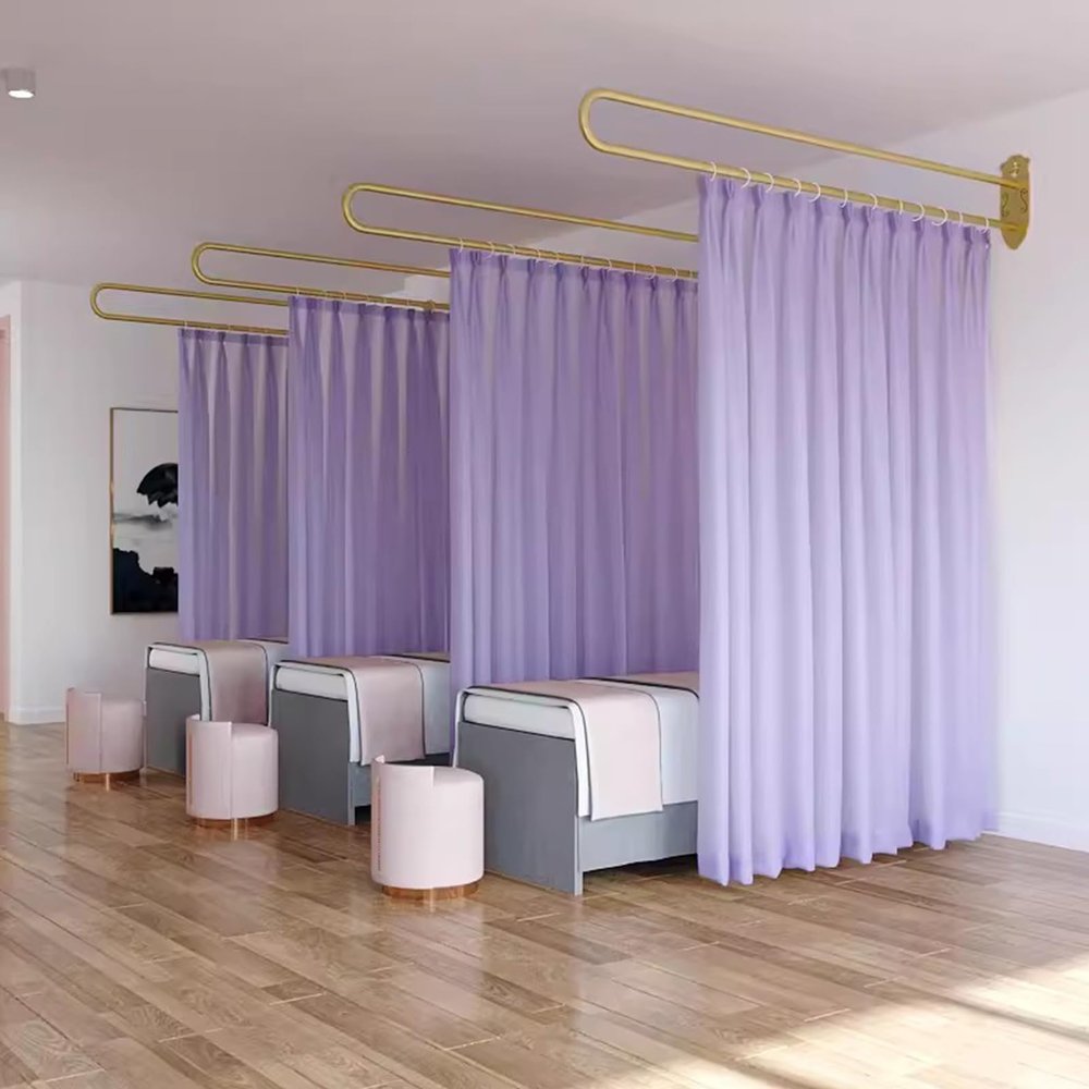SUZEPER Modern Beauty Salon Privacy Partition Curtain, Wall Mounted U-Shape Room Divider, Metal Support Wall Mounted Curtains for Fitting Room Hospital(L78.7xH78.7in, Gold+Purple)