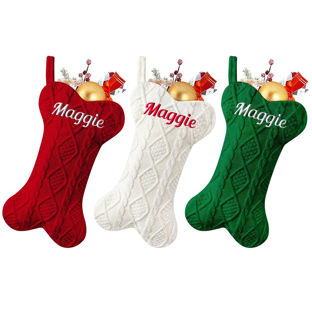 SearchI Personalized Dog Christmas Stocking, Large Bone Shape Cable Knit Custom Name Embroidered Dog Xmas Stockings, Knitted Hanging Stockings Pets (2 Pcs)