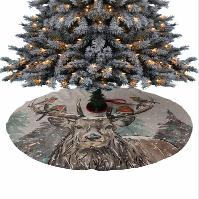Christmas Tree Skirt, Vintage Deer and Bird Winter Christmas Xmas Tree Skirts Ornaments for New Year Holiday Party Decor, Sketch Pine Forest on Gray Christmas Tree Mat