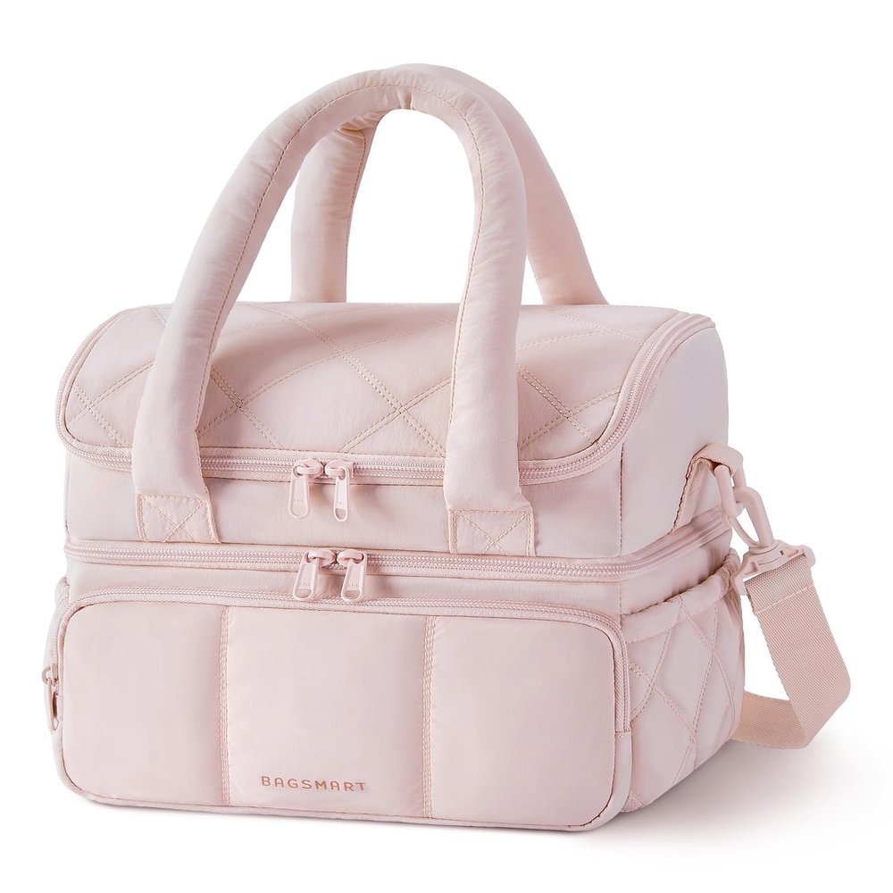 BAGSMART Lunch Bag Women, Double Deck Insulated Lunch Box, Quilted Puffer Lunch Tote, Leakproof, Durable & Reusable Large Lunch Cooler For Work Picnic Travel Meal Prep, Pink