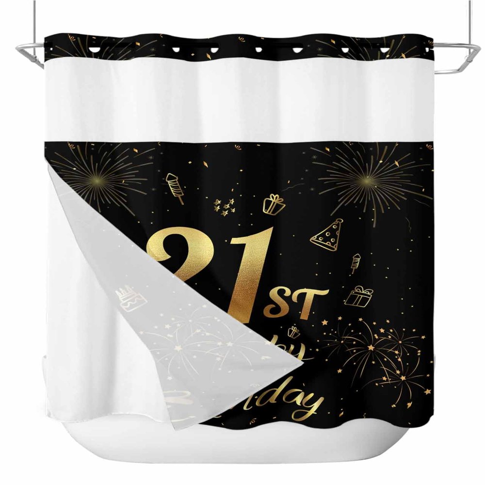 21th Birthday Shower Curtain No Hooks and Liner Set,Star Cake Fireworks Golden Black Hotel Style Fabric Bathroom Shower Curtains Waterproof Polyester Bath Spa Bathtub Curtain with Sheer Window,72"x78"