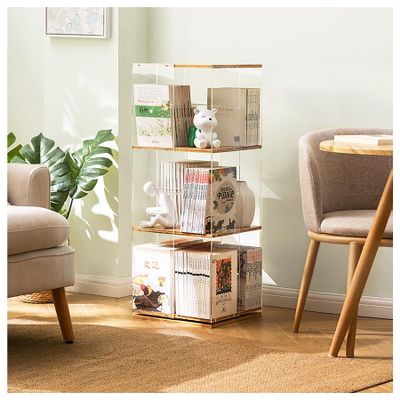 TUOYIBO 360 Rotating Bookshelf Spinning Bookshelf Tower 360 Swivel Bamboo Bookcase Clear Acrylic Bookcase Tall Bamboo Rotating Storage Display Rack Standing Shelves,Clear,3 Tier