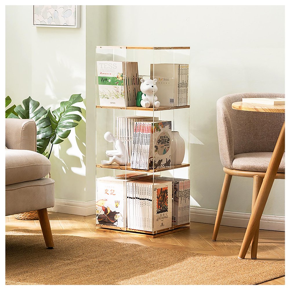 TUOYIBO 360 Rotating Bookshelf Spinning Bookshelf Tower 360 Swivel Bamboo Bookcase Clear Acrylic Bookcase Tall Bamboo Rotating Storage Display Rack Standing Shelves,Clear,3 Tier