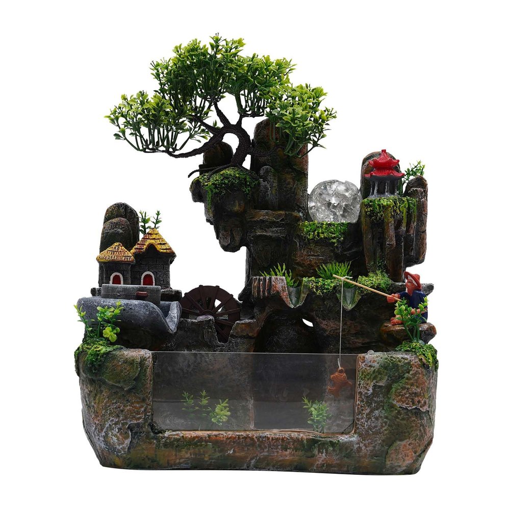 Waterfall Fountain Indoor Mini Waterfall with Led Lights & Atomizer Indoor Fountains and Waterfalls Table Top Water Fountain for Office, Home, Bedroom Desk Decor (Flowing Water & Fishbowl)