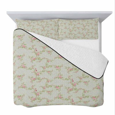 Quilt Set Twin XL 3 PCS Quilted Bedspread-Thin Soft Cozy, Vintage Rustic Floral Light Pink Roses Leaves Sage Green Reversible Stitched Quilt Coverlet Bedding Sets with Pillow Shams for All Season