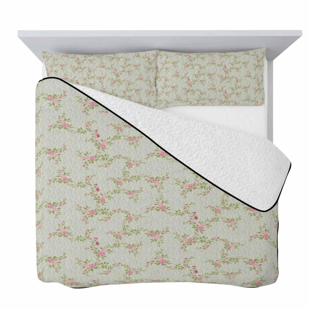 Quilt Set Twin XL 3 PCS Quilted Bedspread-Thin Soft Cozy, Vintage Rustic Floral Light Pink Roses Leaves Sage Green Reversible Stitched Quilt Coverlet Bedding Sets with Pillow Shams for All Season