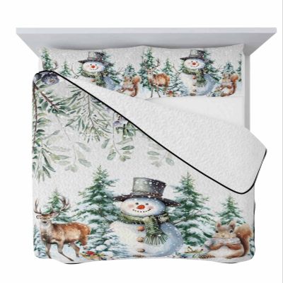 Quilt Set Full Size 3 PCS Quilted Bedspread-Thin Soft Cozy, Christmas Winter Snowman Squirrel Deer Xmas Tree Blueberry Reversible Stitched Quilt Coverlet Bedding Sets with Pillow Shams for All Season