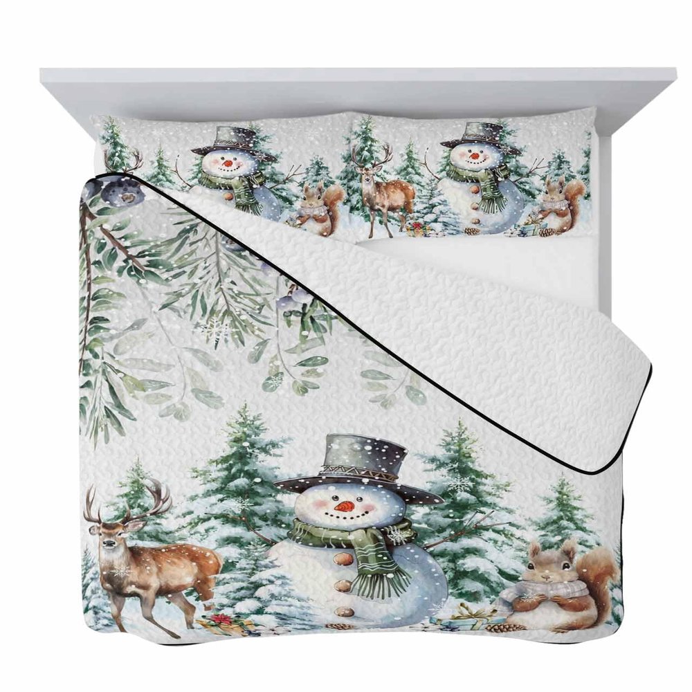 Quilt Set Full Size 3 PCS Quilted Bedspread-Thin Soft Cozy, Christmas Winter Snowman Squirrel Deer Xmas Tree Blueberry Reversible Stitched Quilt Coverlet Bedding Sets with Pillow Shams for All Season