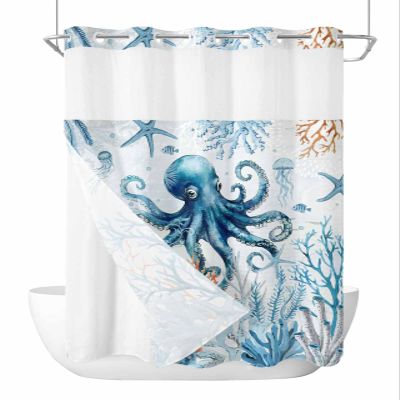 Ocean Octopus Shower Curtain No Hooks and Liner Set,Nautical Coastal Retro Blue Starfish Hotel Style Fabric Bathroom Shower Curtains Polyester Bath Spa Bathtub Curtain with Sheer Window,60"x72"