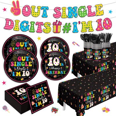 171pcs 10th Birthday Party Supplies Out Single Digits I'm 10 Plates Napkins Tableware Set Disposable Paper Cups Tablecloth Banner for Girl's 10th Birthday Party Decorations Serve 24 Guests