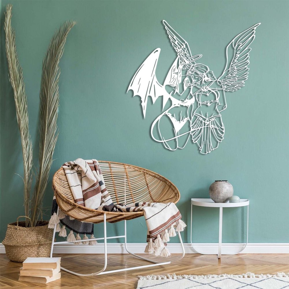 Angel Demon Metal Wall Decor, Wall Art Sexy Woman, Female Body Wall Art, Angel Wall Decor, Angel Wings Wall Decor, Angel Wings Metal Wall Art, Bedroom Wall Decor Above Bed (White, 39"x39" | 100x100cm)
