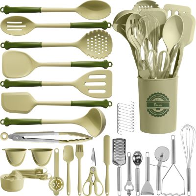 Kikcoin 43Pcs Kitchen Utensils Set - Silicone Cooking Utensil Set, Dishwasher Safe Spatula for Non-stick Cookware, 446F Heat Resistant Kitchen Gadgets with Holder BPA Free, Avocado Green
