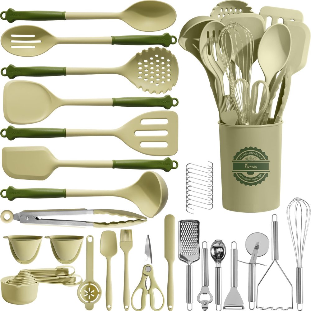 Kikcoin 43Pcs Kitchen Utensils Set - Silicone Cooking Utensil Set, Dishwasher Safe Spatula for Non-stick Cookware, 446F Heat Resistant Kitchen Gadgets with Holder BPA Free, Avocado Green