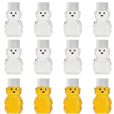 HAOZIJIE 12 Sets 2oz Honey Bottles, Bear Shape Clear Empty Honey Jar with Screw Lid,Plastic Mini Honey Jars Party Favors for Storing and Dispensing (White)
