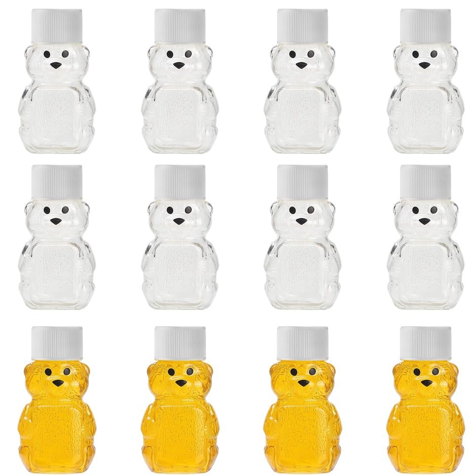 HAOZIJIE 12 Sets 2oz Honey Bottles, Bear Shape Clear Empty Honey Jar with Screw Lid,Plastic Mini Honey Jars Party Favors for Storing and Dispensing (White)