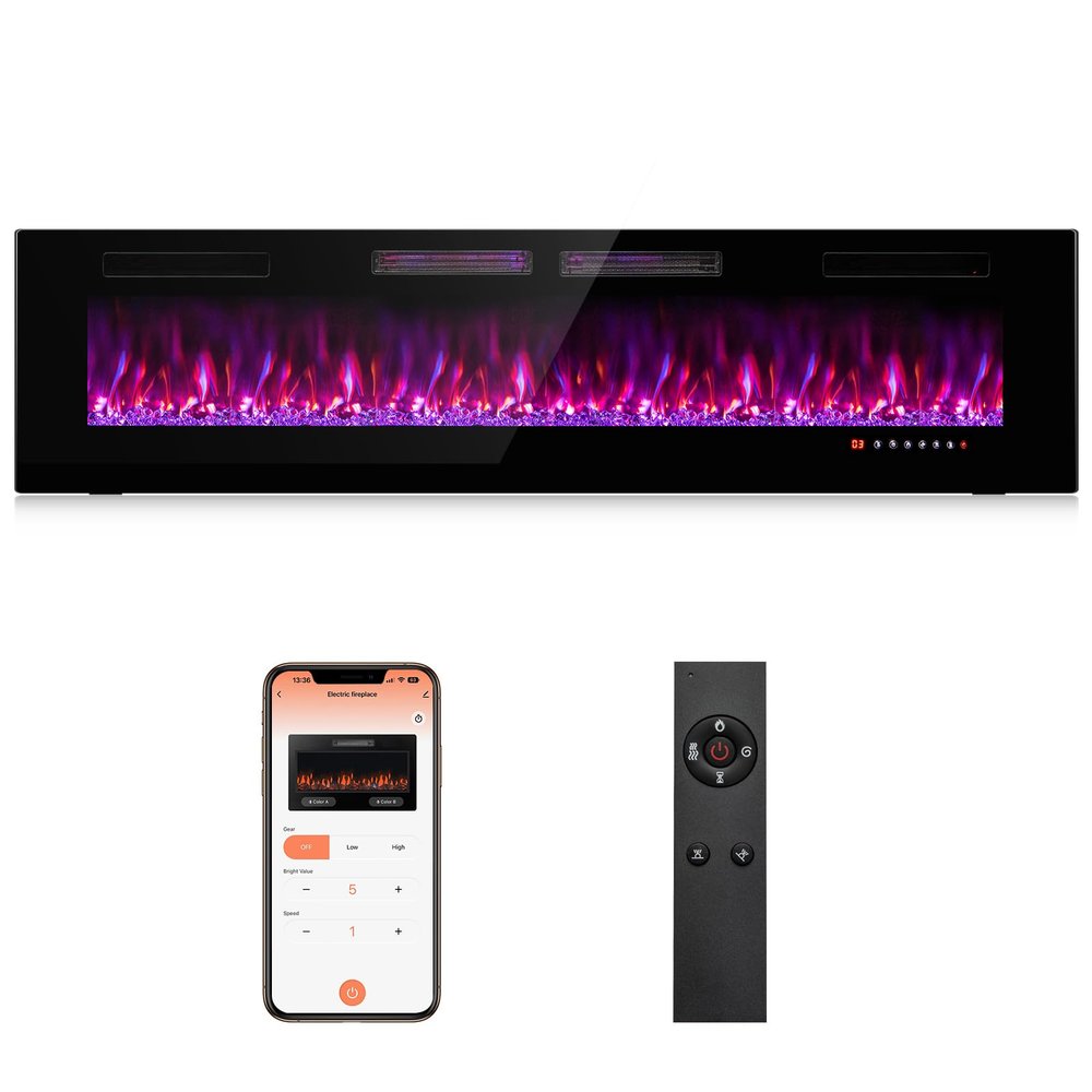 Tangkula 72 Inches Electric Fireplace Inserts,5100 BTU 3.19 Inches Ultra Thin Recessed and Wall Mounted Fire Place with 12 Flames and Amber Bed Colors,5 Color Speed and Brightness,12 H Timer