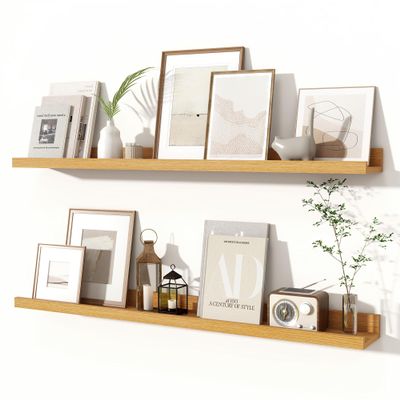 Fun Memories Picture Ledge Shelves Set of 2, 36 Inch Rustic Wall Mounted Floating Shelves with Lip for Home Storage and Dcor in Bathroom, Kitchen, Nursery, Bedroom, Living Room, Oak