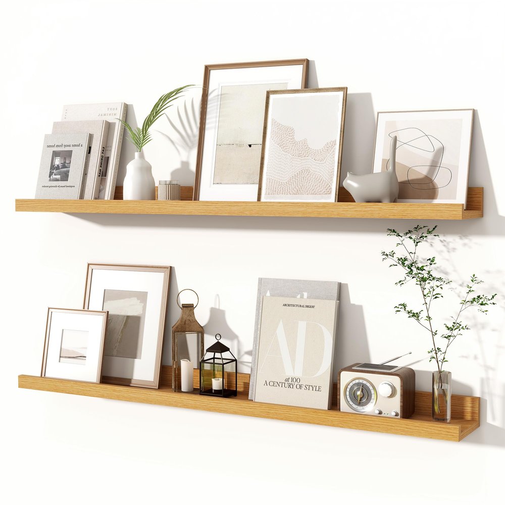 Fun Memories Picture Ledge Shelves Set of 2, 36 Inch Rustic Wall Mounted Floating Shelves with Lip for Home Storage and Dcor in Bathroom, Kitchen, Nursery, Bedroom, Living Room, Oak
