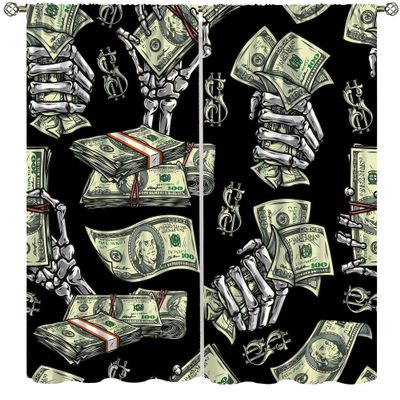 AAVEUP Banknote Blackout Curtains for Bedroom,Cartoon 3D Skeleton Dollar Bill Money Window Drapes Print for Kids Boys Living Room 52x84in