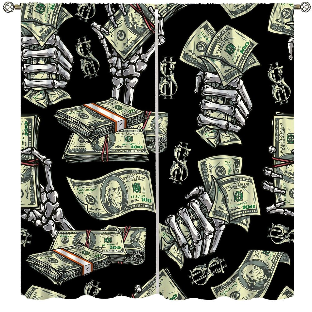 AAVEUP Banknote Blackout Curtains for Bedroom,Cartoon 3D Skeleton Dollar Bill Money Window Drapes Print for Kids Boys Living Room 52x84in