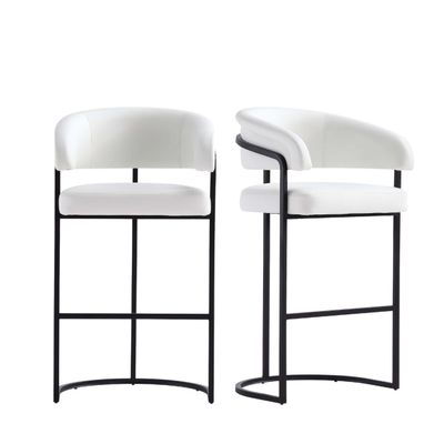 Manhattan Comfort Augusta Faux Leather Bar Stool with Geometric Metal Base, Upholstered Foam Padding & Rounded Backrest, 30" Seat Height, Modern Barstool Chairs for Kitchen, Set of 2, White