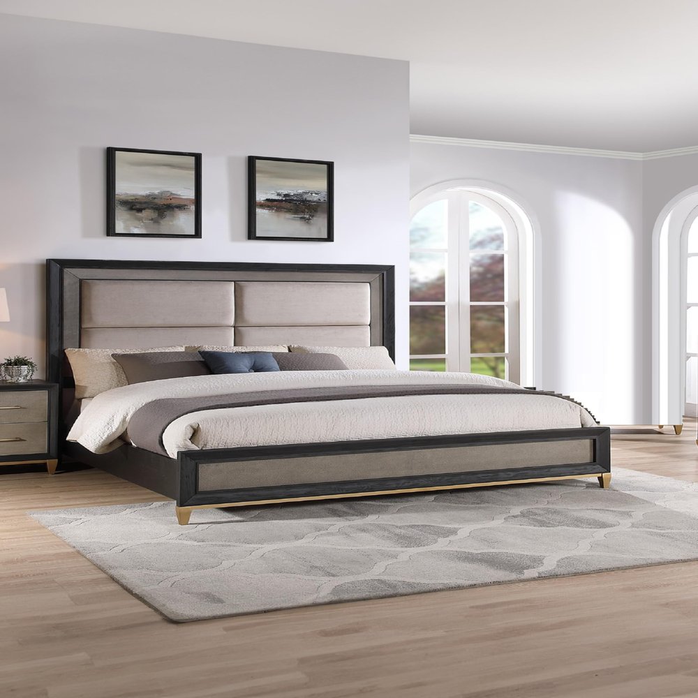 Beautiful 1Pc Black Brown Finish Queen Size Panel Bed Solid Wood Wooden Bedroom Furniture