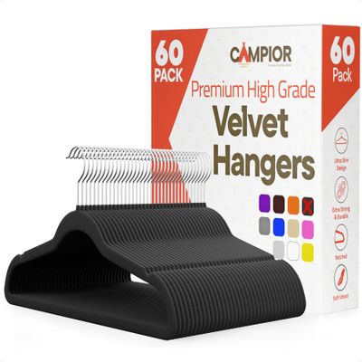 Black Velvet Hangers 60 Pack  360 Swivel Hook, Non-Slip and Space Saving Hangers, Heavy-Duty 11 lbs Weight Capacity - Smooth Velvet Finish for Crease-Free Clothes and Effortless Closet Organization