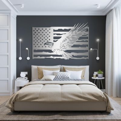 Metal American Flag Wall Art,Patriotic Wall Art,Metal Eagle Wall Decor for Living Room,Patriotic Wall Decor, Outdoor Wall Artwork(Silver-1, 19" x 12"/47x31cm)