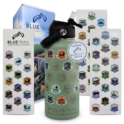 BlueTrail 50 States Water Bottle with Stickers - 32 oz Insulated Stainless Steel, Upgraded Leak-Proof Lid, UV & Waterproof Permanent Stickers, Laser Engraved 50 States of the USA (Pale Mint)